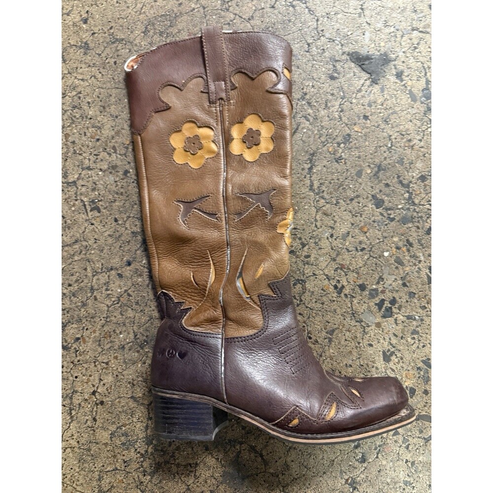Boho Floral Embroidered Tall Western Cowboy Boots Two-Tone Brown Size 7.5